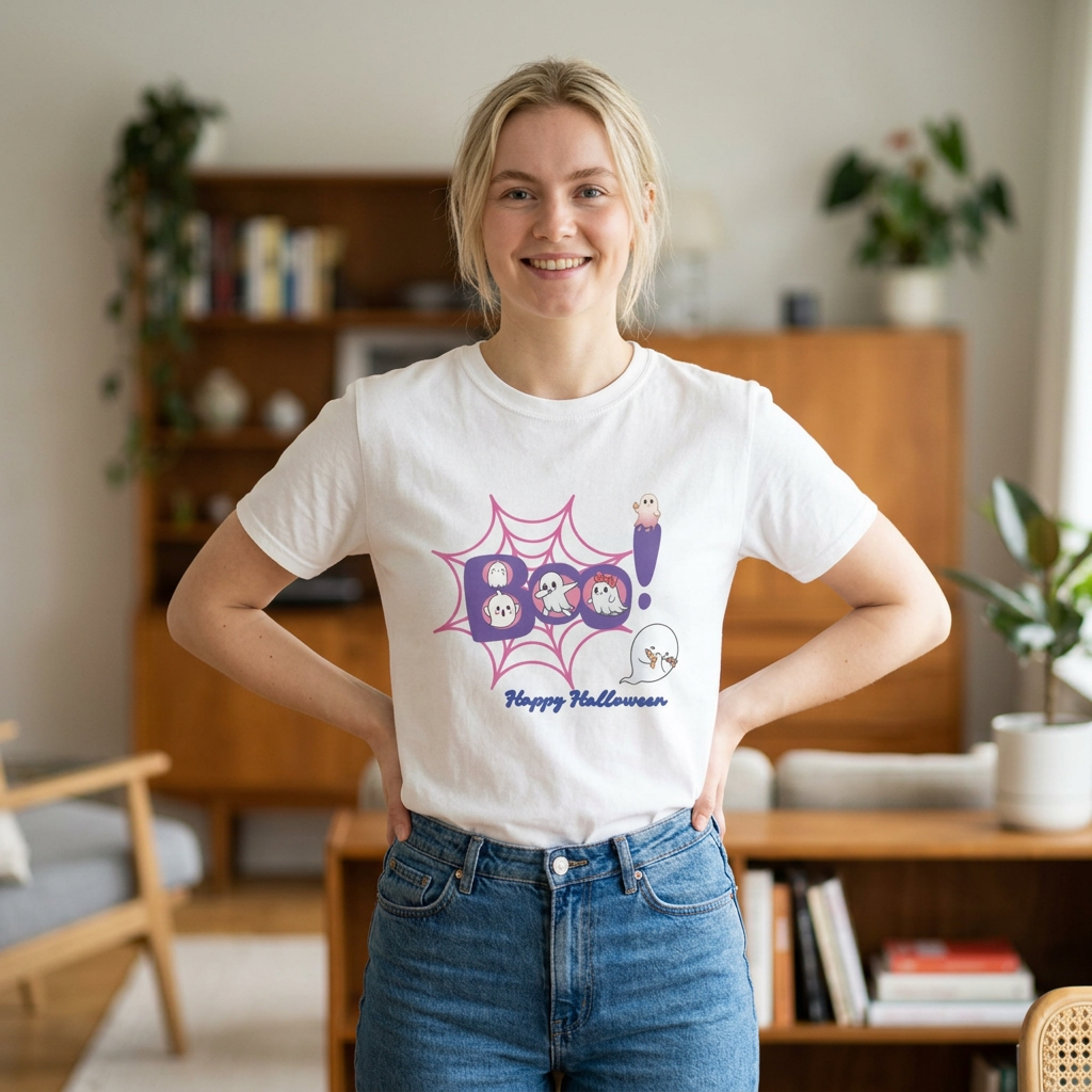 Women's Cotton T-Shirt - Boo! Cute Ghosts Halloween | Sweet and Fun Edition